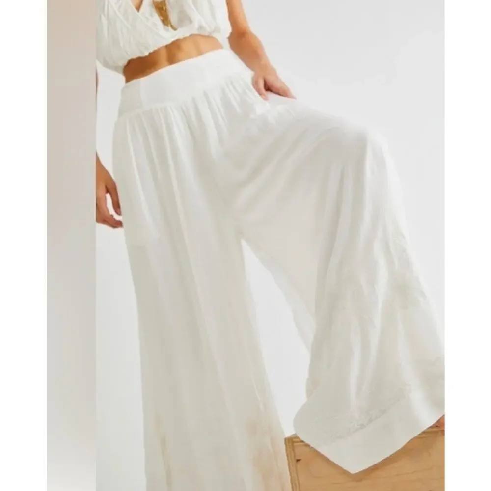 Free People Womens Ivory Angie's Cami & Wide Leg Embroidered Pants Set Sz Med